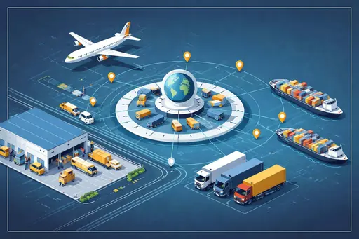 Isometric vector illustration of global logistics and supply chain, composed for a 3:2 poster-cover layout with clear hubs, vehicles, and routes for editorial use.