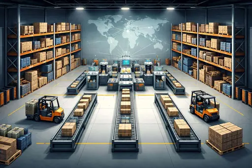 Isometric vector illustration of a global supply chain inside a single warehouse interior, composed for a 3:2 poster-cover layout with clear data overlays and navigation nodes.
