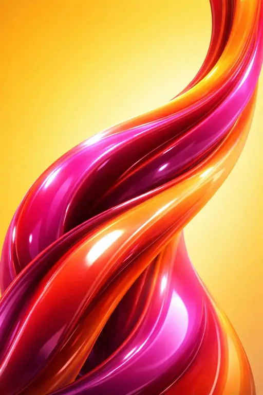 Close-up vertical view of a large glossy abstract form and a curving ribbon filling most of the frame with a solid warm yellow upper-third background, saturated magenta and orange surfaces, shallow depth, and crisp specular highlights.