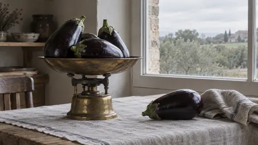 Three glossy deep violet aubergines sit in the pan of a small brass kitchen scale on a scrubbed pine table with a fourth aubergine and a cloth beside it in bright window light.