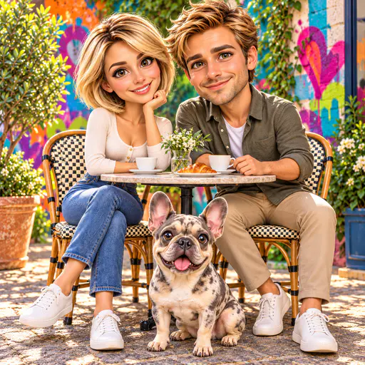 Glossy caricature couple with big heads and their French bulldog at a café table before a colorful graffiti wall