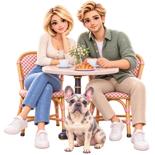 Glossy toy-style couple with coffee and croissant at a bistro table, spotted French bulldog in front, cut out on a transparent background