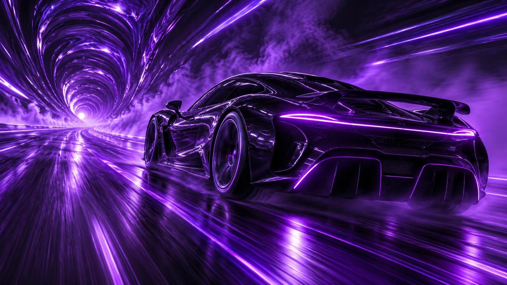A sleek glossy sports car races at speed through a dark tunnel of light with long directional motion streaks of one saturated violet hue and luminous edge highlights on its bodywork.