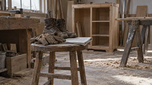 A pair of leather work gloves, lace-up boots and a folded plain newspaper rest on a wooden stool beside a sawhorse and a half-built cabinet in slanting workshop light full of dust motes.