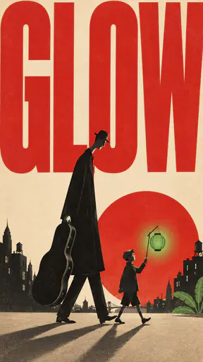Retro poster in flat shapes: a tall man with a double-bass case and a small boy holding a green paper lantern walk beneath giant red letters spelling GLOW.