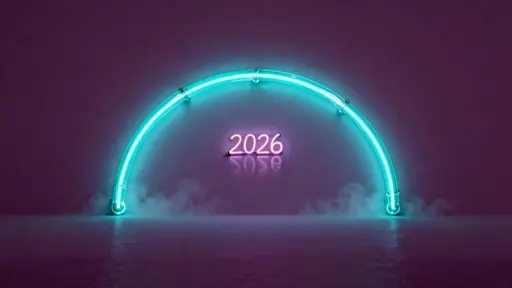 A single luminous arch cradles a thin neon "2026" in a dark, minimalist 16:9 scene, digital painting mood with quiet, cinematic glow.