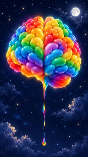 A human brain assembled from glowing colorful balloons floats against a deep indigo night sky with tiny stars and one thread of paint dripping from its base.
