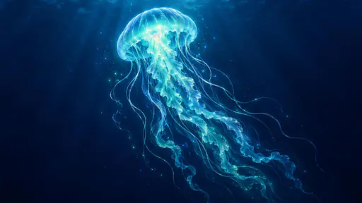 A glowing jellyfish drifting through dark blue water with trailing tentacles.