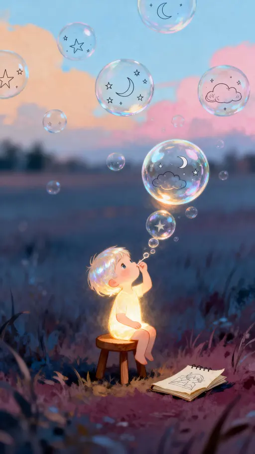 A tiny glowing child stands in a tall portrait frame and blows translucent line-art bubbles that float upward, each bubble cradling a minute doodle of stars, clouds, and moons, evoking quiet wonder and gentle night whimsy.
