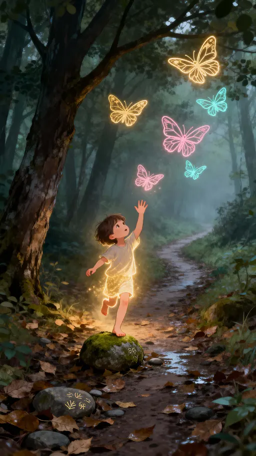 A luminous child runs along a leaf-strewn forest path toward delicate glowing line-art butterflies above the ground, with a vertical 9:16 crop that accentuates motion and wonder.