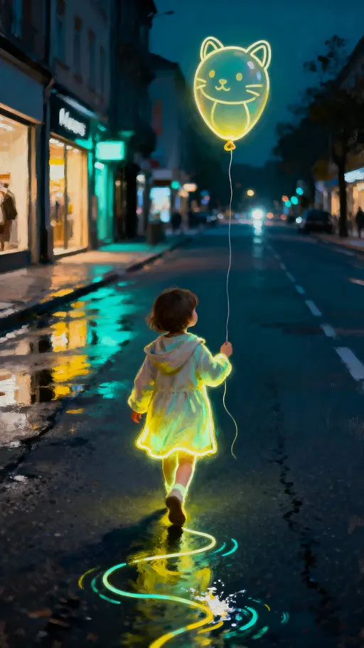 A glowing child walks a street at night holding a line-art glowing balloon animal on a string, the light tracing their forms against wet pavement and distant city glow.