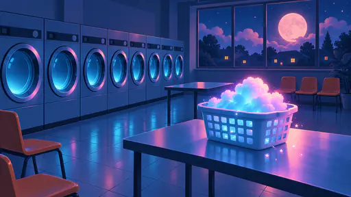An empty laundromat at night has glowing cyan washer doors and a plastic laundry basket holding a fluffy glowing cloud that spills tiny stars under a large pink moon in a nocturne illustration.