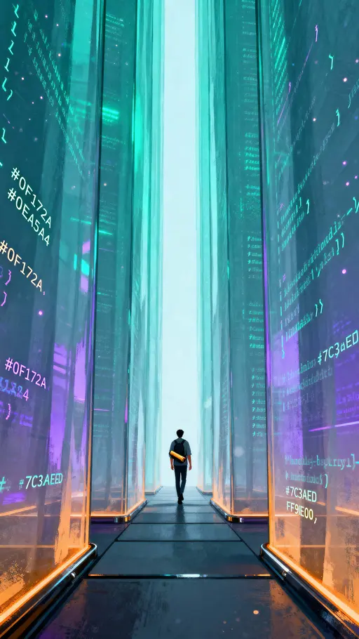 Sheets of glowing code hang like translucent curtains in a tall, narrow corridor as a programmer parts them and walks through, the air humming with digital light and motion.