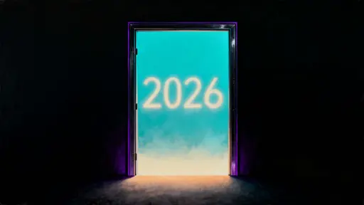 A single luminous doorway floats in a pitch-black void; soft blurred numerals "2026" glow within, serene and otherworldly, 16:9 cinematic framing.