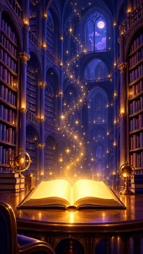 An enchanted glowing book lies open on a wooden reading table in a vast old library with golden light and tiny sparks rising from its pages between tall shelves.