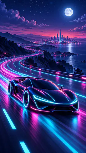 A futuristic sports car with glowing light strips races down an empty highway at dusk with long light streaks behind it and a distant city skyline.