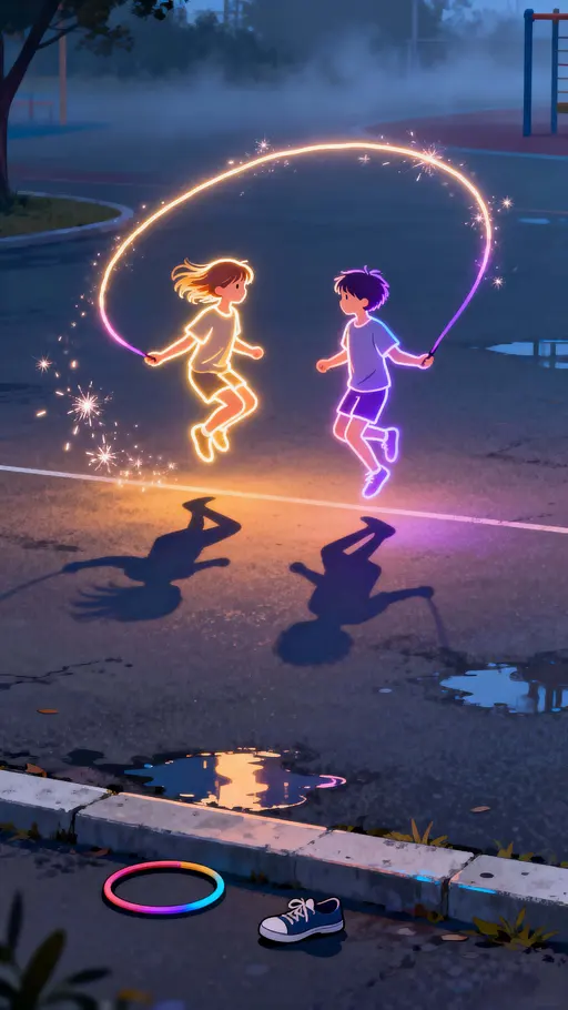 Two glowing outline children jump rope under a dusky sky, the swinging rope leaves sparkling trails and their faintly glowing shadows rest on the real ground.