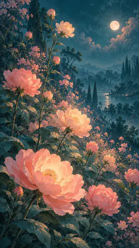 A vertical image of luminous pink and peach flowers in a dark teal garden.