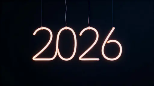 A thin, luminescent thread hangs vertically like a filament, bending subtly in the middle to trace “2026” in one continuous curve, while only the thread glows against a silent dark background.