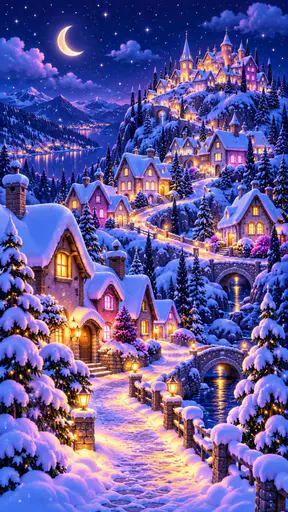 A snowy winter village with tiny glowing colorful windows sits under a deep starry indigo night sky with soft cloud puffs and falling snow.