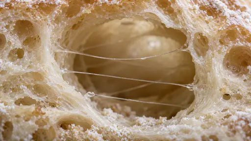 Close view inside a torn-open bubble of risen cream dough, fine gluten threads stretched across the cavity and flour dusting its rim and floor.