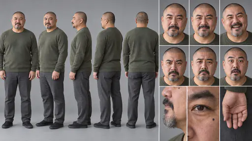 A 16:9 studio character sheet of a man with a shaved head and goatee in an olive sweater, dark grey trousers and black sneakers, shown in five full-body views, six expressions and three close details.