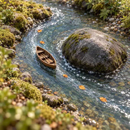 Miniature scene of going with the flow: a small wooden rowboat with oars resting unused inside drifts bow-first along a visible current that curves around a grey boulder, amber leaves tracing the same bend, adapting to the direction circumstances are taking.