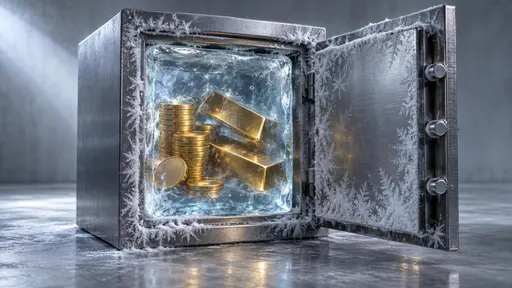 Frozen assets: an open steel safe on a cold studio floor filled by one perfectly clear block of ice with a stack of plain gold coins and two gold bars suspended inside it, frost fanning out across the safe's brushed metal rim under cold soft side light.