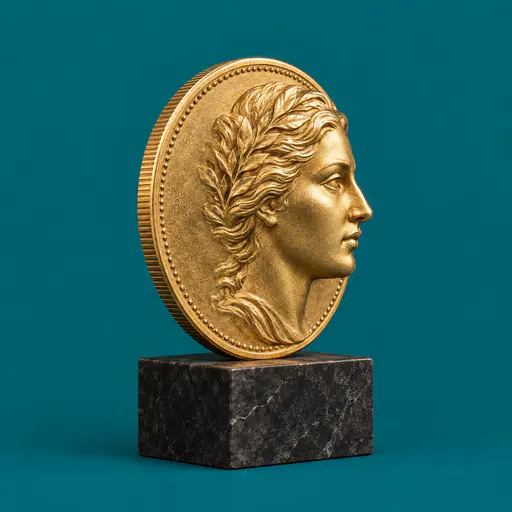 Face value: an upright gold coin on a dark plinth, with its engraved portrait emerging as a dimensional face still joined to the disk.