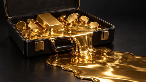Liquid assets: an open hard-shell briefcase on a dark studio surface holding a small gold bar and loose coins whose lower halves have melted into a single reflective pool of liquid gold that spills over the front edge, the solid upper halves still sharply formed, under low three-quarter studio…