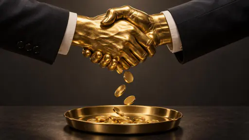 Golden handshake: a close studio view of two dark business-jacket sleeves ending in anatomically believable hands cast from solid gold, clasped in a natural handshake, with small blank gold coins slipping from the narrow seam between the touching palms and falling in a short arc into a shallow…