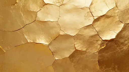 Full-frame 16:9 gold leaf texture background featuring overlapping thin layers, visible seams and gentle cracking, with organic matte and pale-to-deep gold variations.