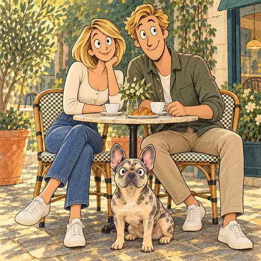 Mid-century cartoon illustration of a couple and a French bulldog at a sunny café table