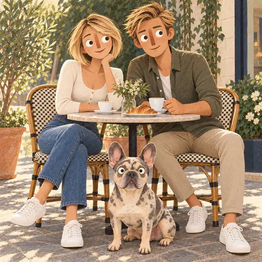 A couple and their spotted dog sit at a cafe table beneath leafy greenery, with chairs and sunlit paving.