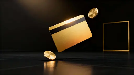 A sleek brushed-gold card hovers in the left third above a matte black floor with three orbiting polished gold coins and expansive velvety black negative space to the right.