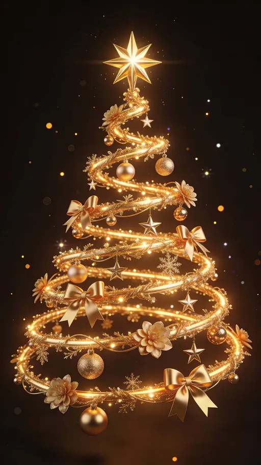 A stylized golden Christmas tree of glowing spiral garlands and shimmering ornaments stands centered on a deep dark vertical backdrop with warm floating sparkles and a radiant star crown.