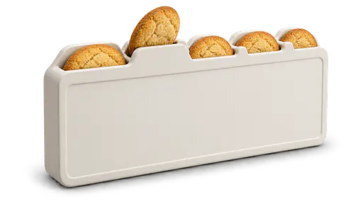 Browser cookies: a physical browser window sculpture whose tab-shaped compartments hold golden cookies, one cookie halfway pulled from its raised tab, studio product shot on transparency with a soft contact shadow.