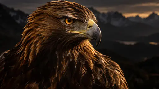 A majestic golden eagle in a close up portrait with fierce amber eyes, a hooked beak and feathers in deep gold and brown against a soft blurred mountain background.