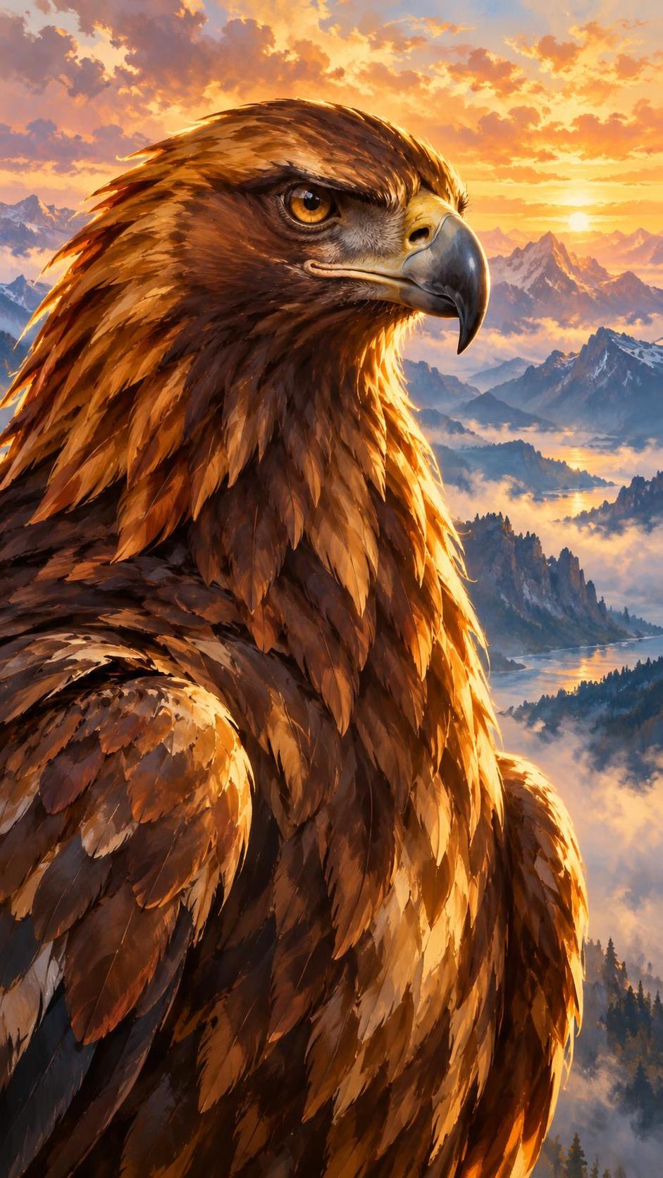 A majestic golden eagle in a close up portrait with fierce amber eyes, a hooked beak and feathers in deep gold and brown against a soft blurred mountain background.
