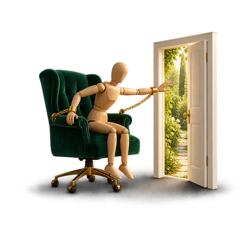 A wooden artist mannequin sits on a plush office chair with polished gold cuffs on both wrists chained to the chair arm, leaning toward a freestanding open doorway showing a sunlit garden it cannot reach, picturing 'golden handcuffs', comfort that makes a restrictive situation hard to leave.