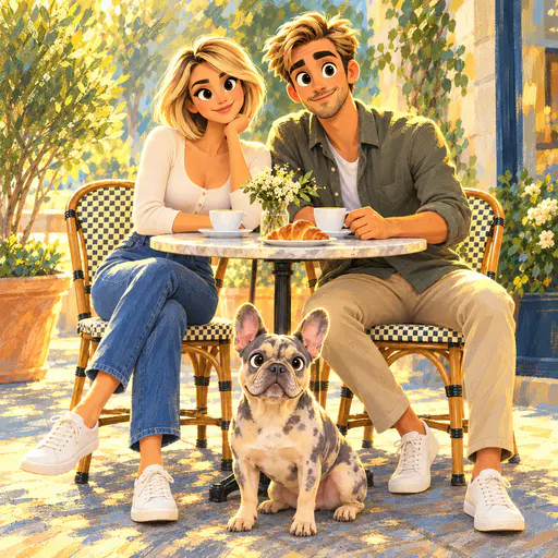 Painterly cafe scene of a big-eyed couple and their French bulldog in golden light with visible brush strokes.