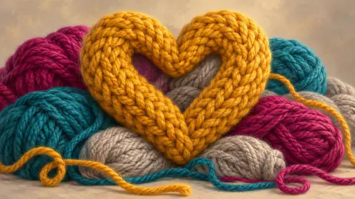 A plump heart made of golden mustard chunky knit rests on a soft pile of magenta, teal and grey wool skeins with loose yarn strands curling across the pile.