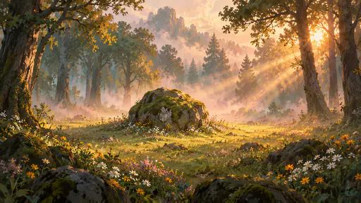 Golden sun shafts fall through the canopy into a round grassy forest clearing filled with fog onto a mossy boulder and wildflowers.