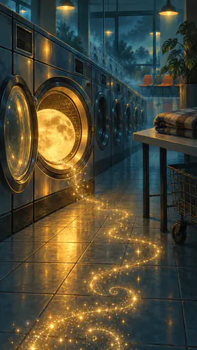 An empty laundromat at midnight has an open washer door holding a full golden moon that spills sparkle motes across the floor with misty rows of machines behind in luminous teal storybook painting.