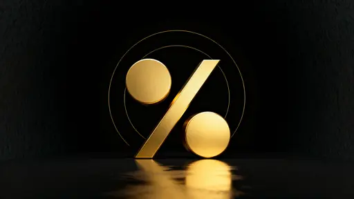 A bold gold percentage symbol composed of thick cylindrical slashes and round discs sits centered and slightly low in a 16:9 matte black frame, with faint concentric gold rings and soft floor reflections.
