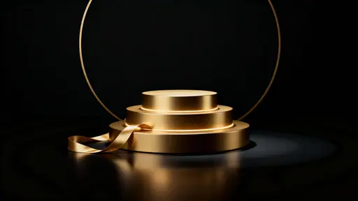 Three concentric polished gold tiers rise from a matte black floor in a 16:9 frame, wrapped by a satin-gold spiral ribbon and haloed by a rear rim glow against velvety void.