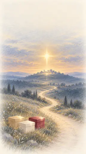 A large soft golden star hangs above a quiet blue hill with a winding pale road and three small gold, white and red gift boxes resting in the roadside grass at twilight.