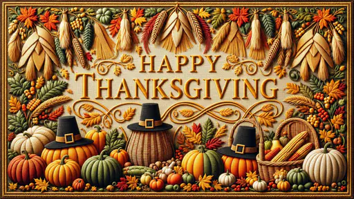 Raised woven tapestry reading HAPPY THANKSGIVING in gold serif letters on cream linen, with gold scrollwork, leaves and tassels above, pumpkins, three black pilgrim hats, wicker baskets and corn below.