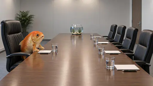 Fish out of water: an eye-level whimsical dimensional illustration of a wide-eyed goldfish perched upright in an oversized black office chair at a dry conference table, its fin-like arms on the table edge, four larger empty chairs facing it and a small filled fishbowl far down the table under…