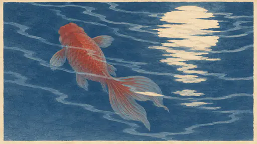 A red goldfish seen through blue pond water, with pale ripples crossing its back and tail beside a broken moon reflection.